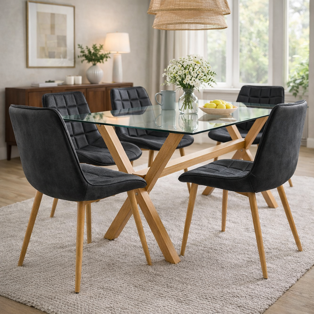 Comedor Mesa Vidrio Cross 140x90 + 6 Sillas Capitone Vintage