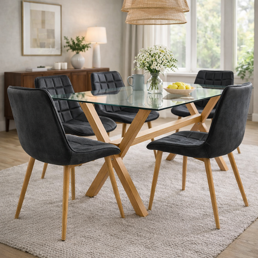 Comedor Mesa Vidrio Cross 140x90 + 6 Sillas Capitone Vintage
