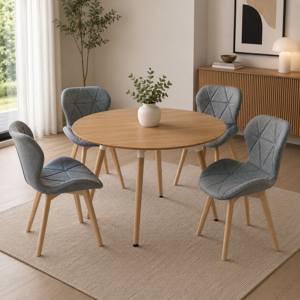Comedor 4 Sillas Mariposa Lino + Mesa Eames Basic Wood 100 Cm