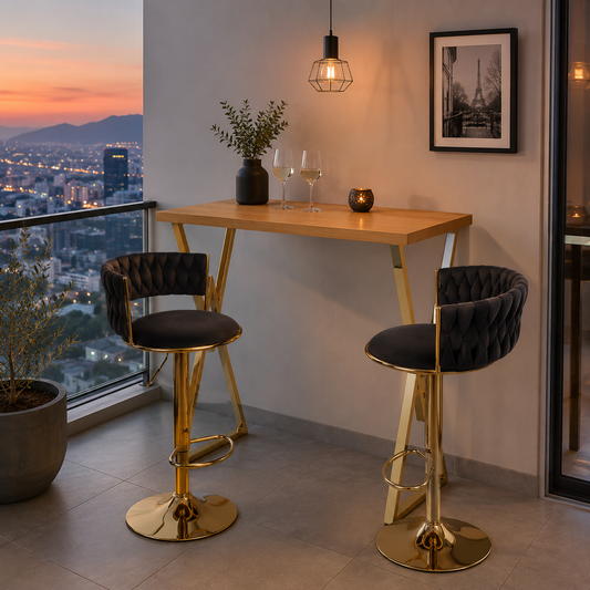 Mesa Bar Alta + 2 Taburete Queen Velvet Regulable | Balcón Terraza