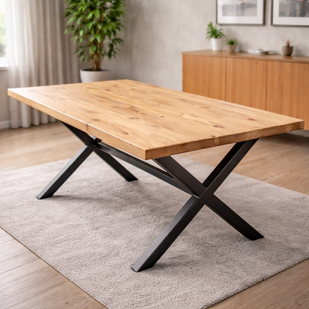 Mesa de Comedor Industrial Cross - Madera Natural Fierro 160x90