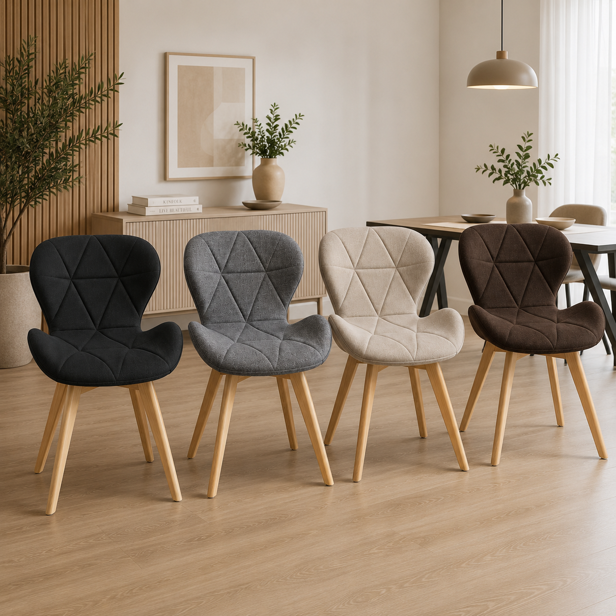 Comedor 6 Sillas Mariposa Lino + Mesa Eames Basic Wood 120 Cm