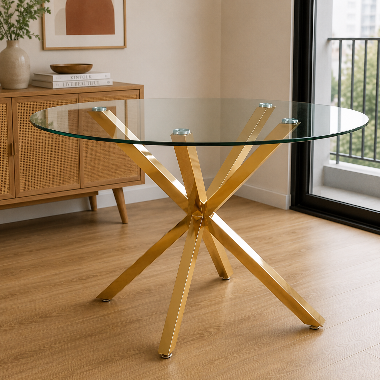 Mesa de Comedor Vidrio Cross Gold 100 Cm - Para 4 Personas