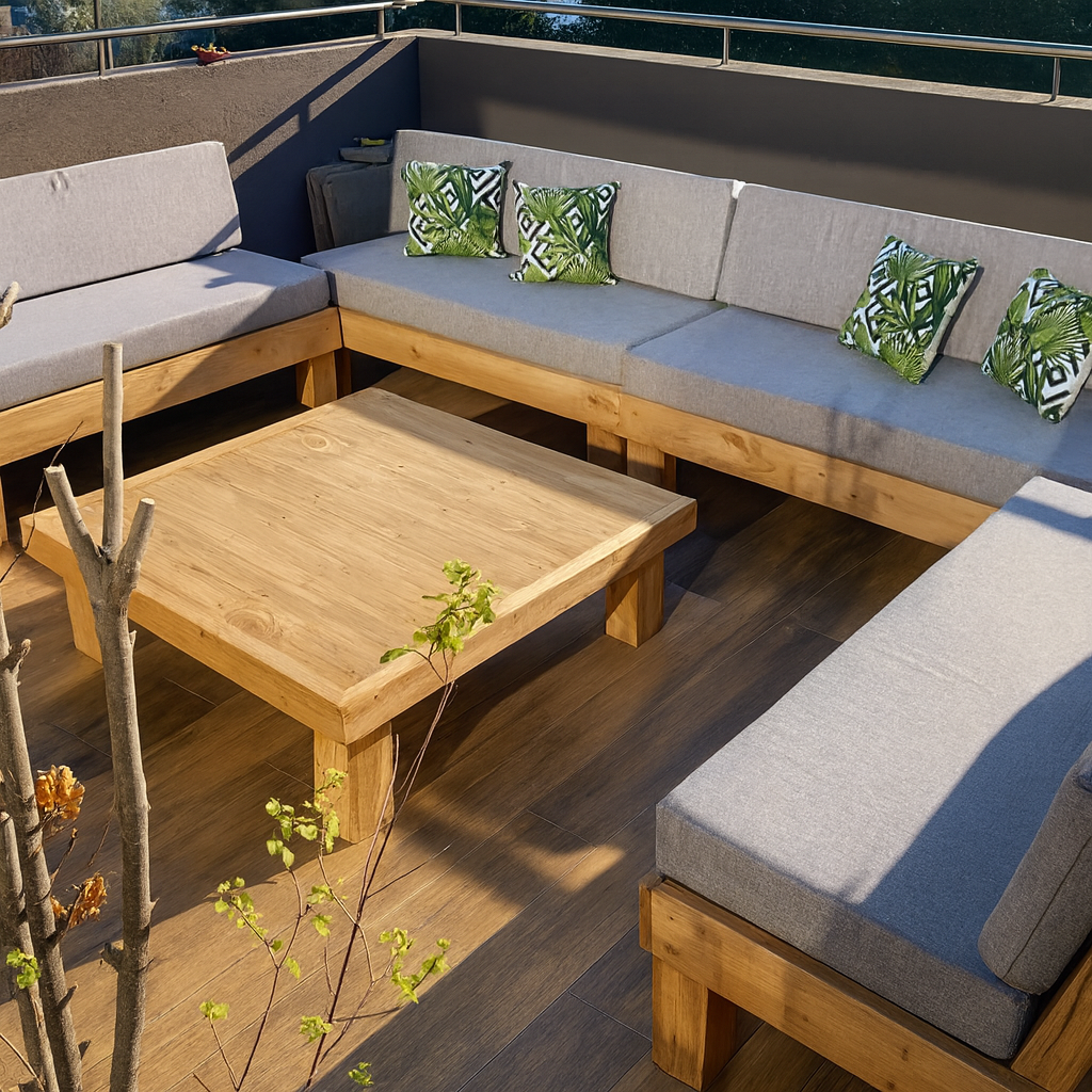 Juego de Terraza Madera Rustic XL - 4 Sillones + Mesa de Centro