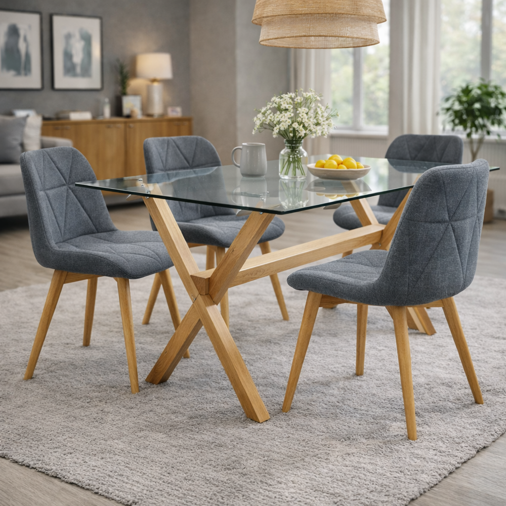 Comedor Mesa Vidrio Cross 140x90 + 4 Sillas Mariposa Lino