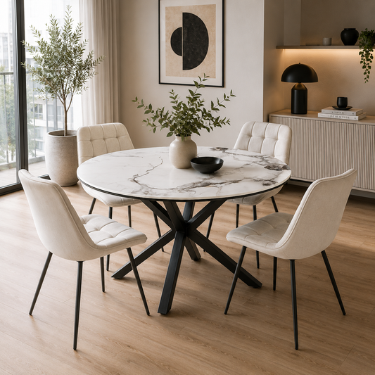 Comedor 4 Sillas Capitone Macron + Mesa Madrid Stone Redonda