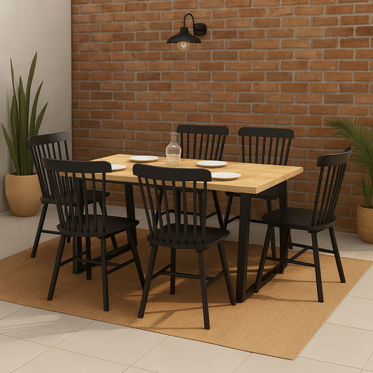 Mesa Diseño Industrial Madera Natural 160x90 + 6 Sillas Windsor Madera Negra