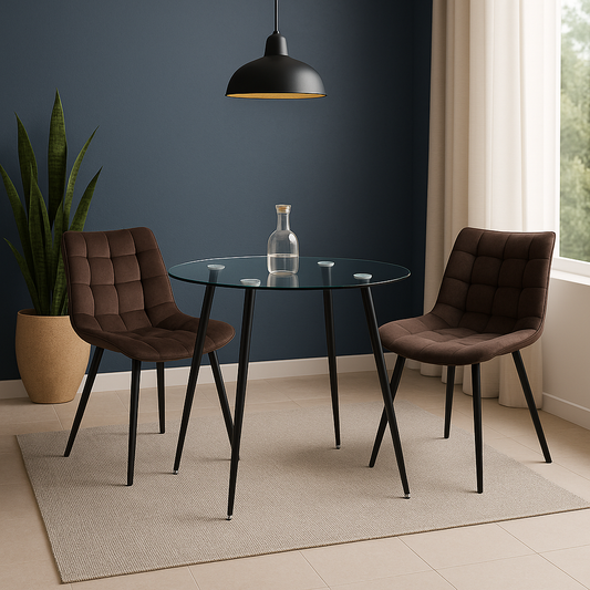 Comedor Mesa Vidrio Lyon 80 Cm + 2 Sillas Capitone Macron