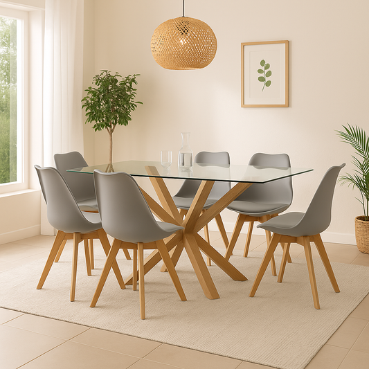 Mesa Madrid Vidrio 140x80 + 6 Silla Tulip Acolchada