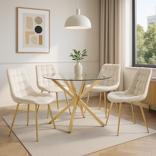 Mesa Vidrio Cross 100 Cm + 4 Sillas Capitone Macron Gold