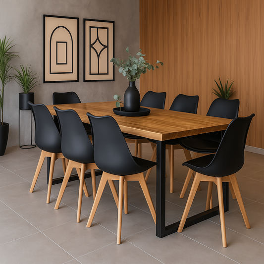 Comedor Industrial Madera Natural 200x90 Fierro Negro + 8 Sillas Tulip Acolchadas