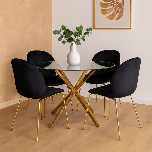 Mesa Vidrio Cross 100 Cm + 4 Sillas Beatle Velvet