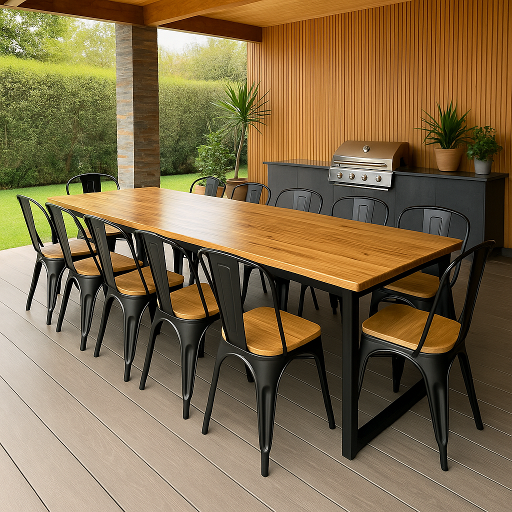 Comedor Terraza Industrial Madera Natural 320x90 + 12 Sillas Tolix Madera