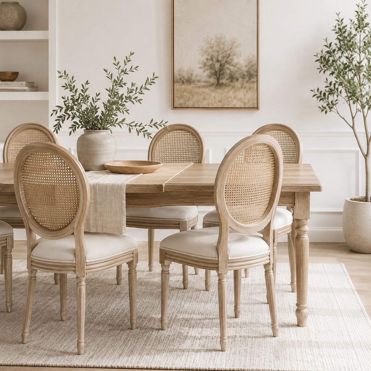 Silla Luis XV Madera Natural - Asiento Lino Respaldo Rattan