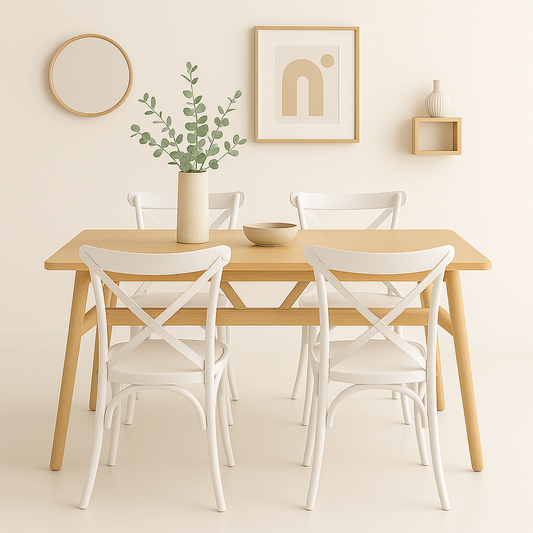 Mesa Kitchen Wood 120x70 + 4 Sillas Danubio Crossback Blanca