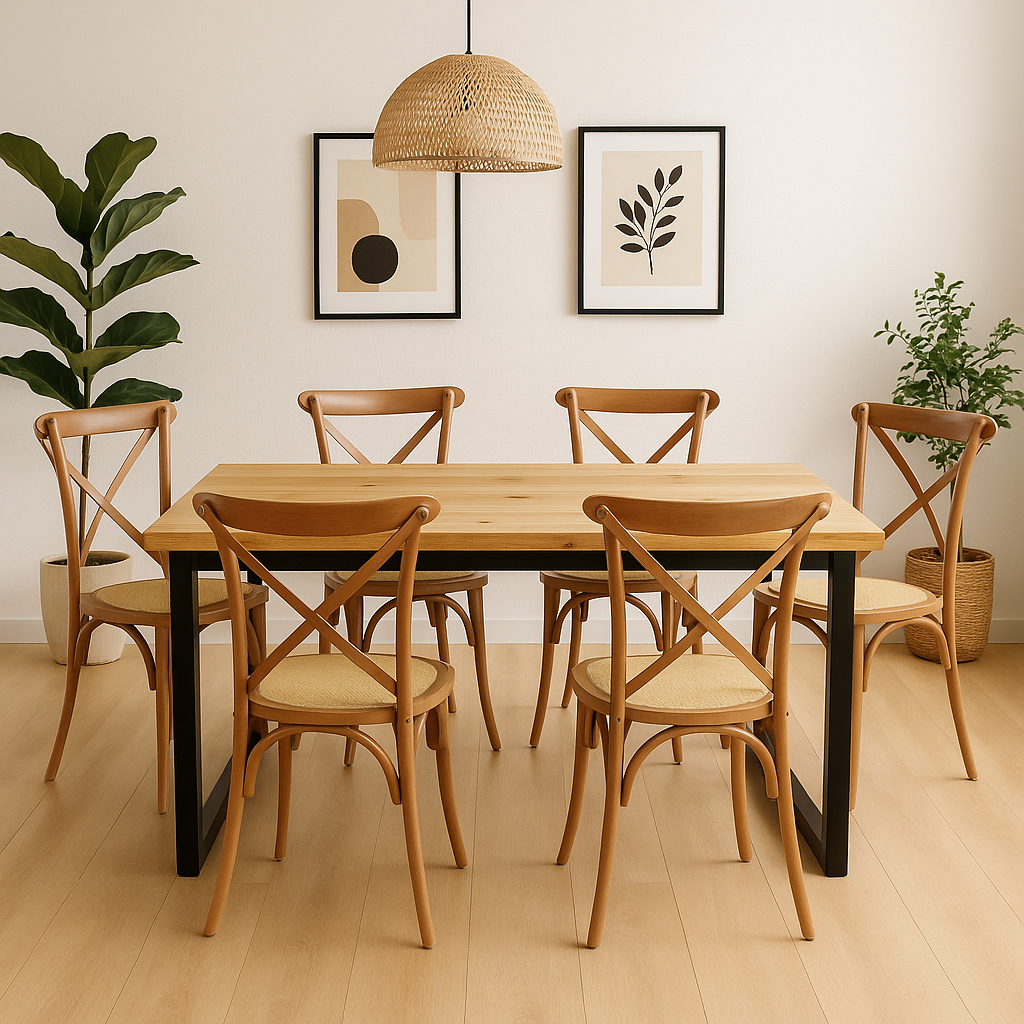 Comedor Industrial Madera Natural 160x90 + 6 Sillas Crossback Madera