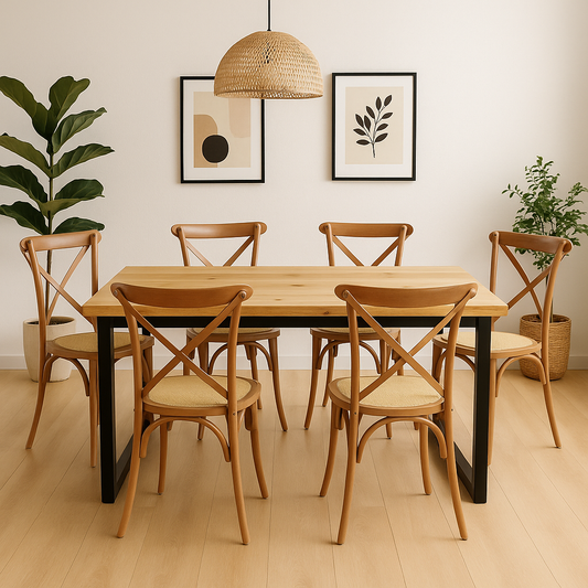 Comedor Industrial Madera Natural 160x90 + 6 Sillas Crossback Madera