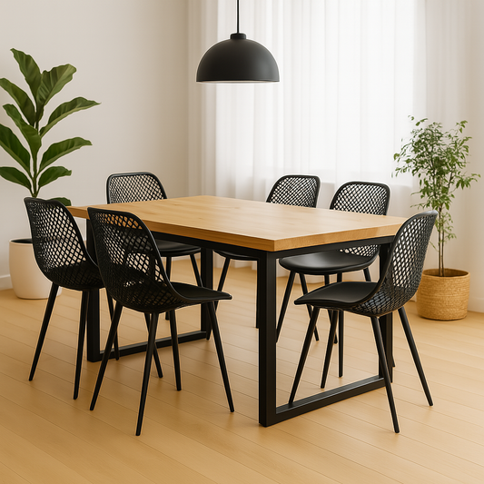 Comedor Industrial Madera Natural 160x90 + 6 Sillas Europa Acolchadas