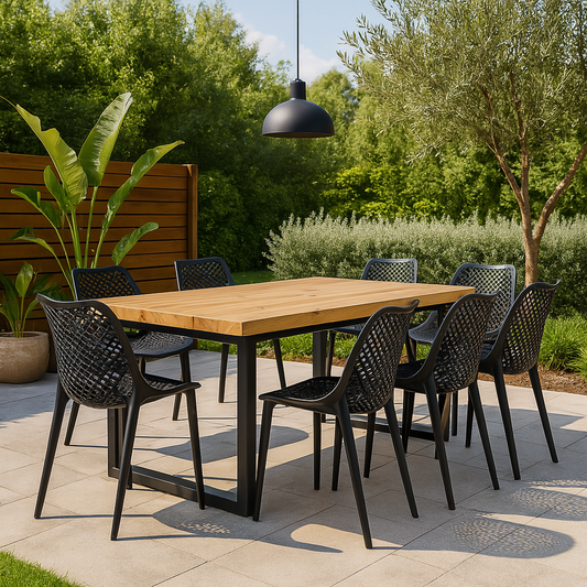 Comedor Terraza Industrial Madera Natural 200x90 + 8 Sillas Rex Berlin
