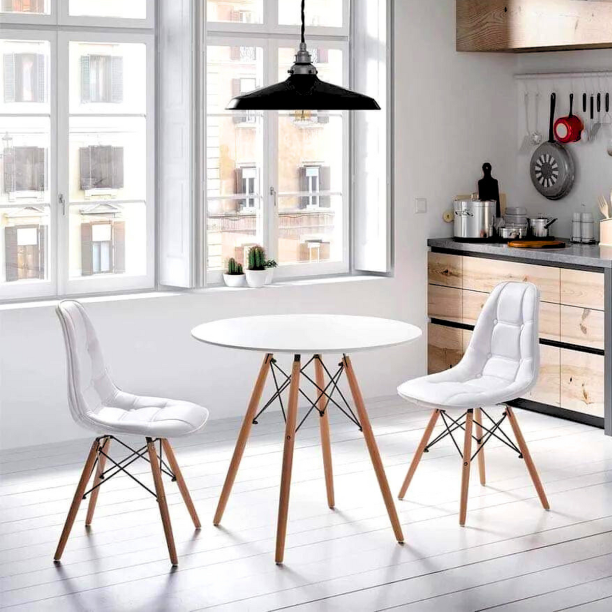 Comedor 2 Sillas Capitone Ecocuero + Mesa Eames 80 Cm