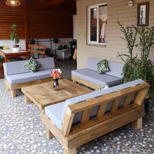 Juego Set de Terraza Rustic Madera - Cojines Color Gris