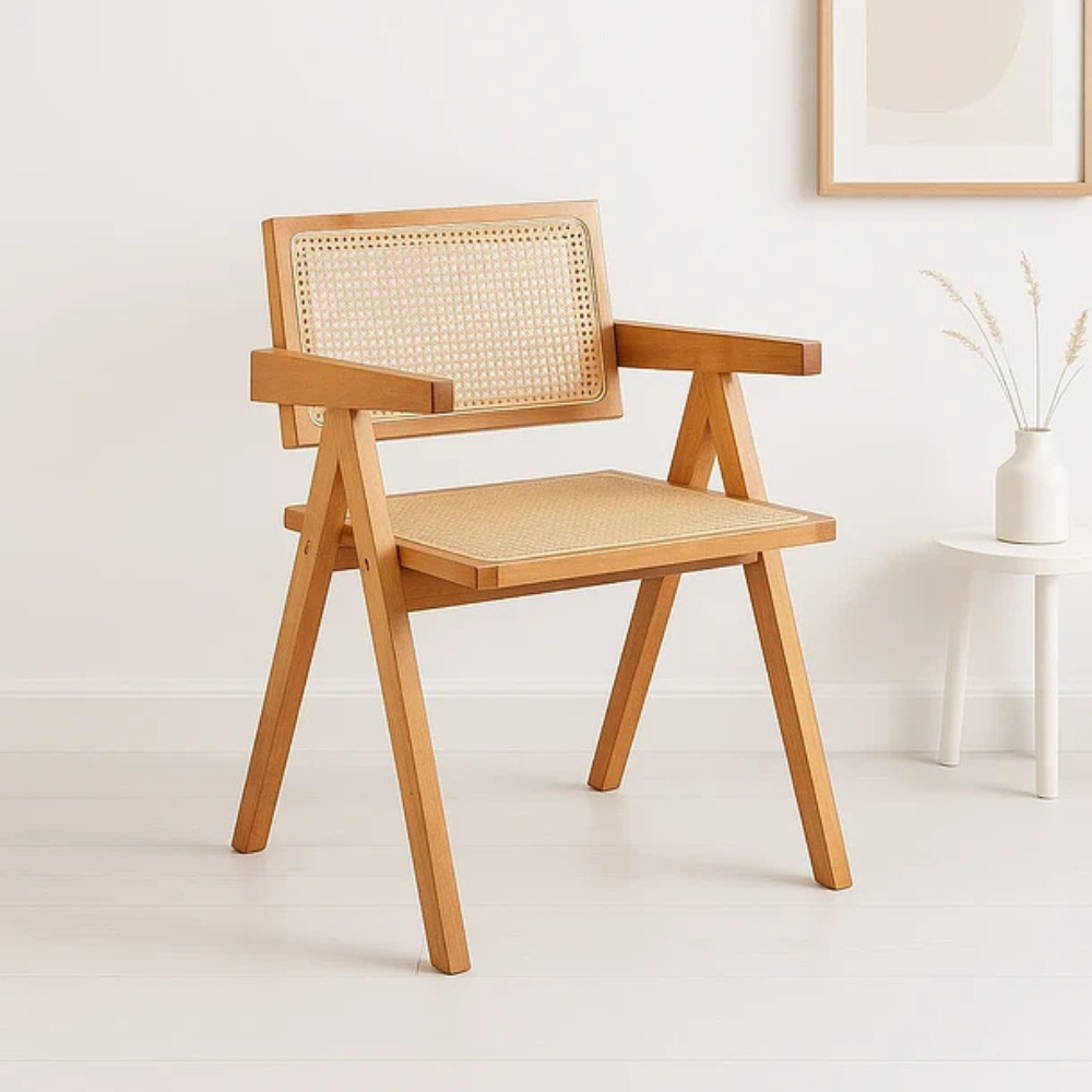 Silla Chandigarh Madera Natural - Asiento Rattan