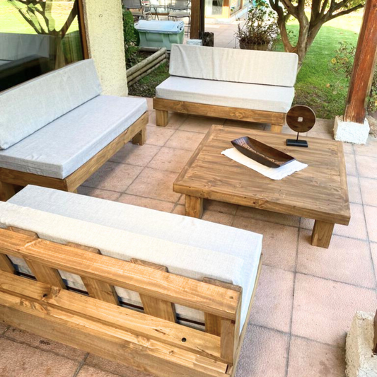 Juego Set de Terraza Rustic Madera - Cojines Color Crudo