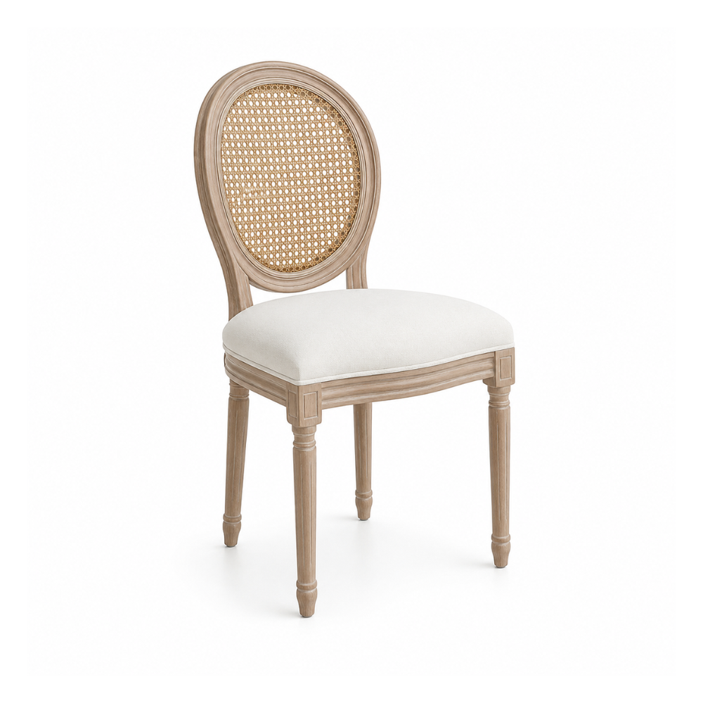 Silla Luis XV Madera Natural - Asiento Lino Respaldo Rattan
