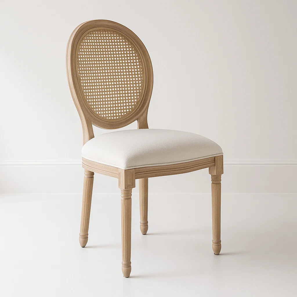 Silla Luis XV Madera Natural - Asiento Lino Respaldo Rattan