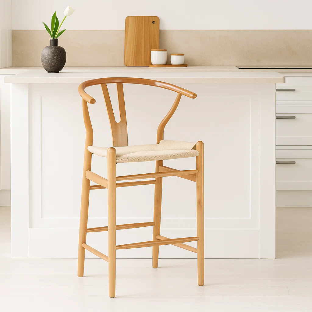 Taburete Wishbone Madera Natural - Asiento Tejido