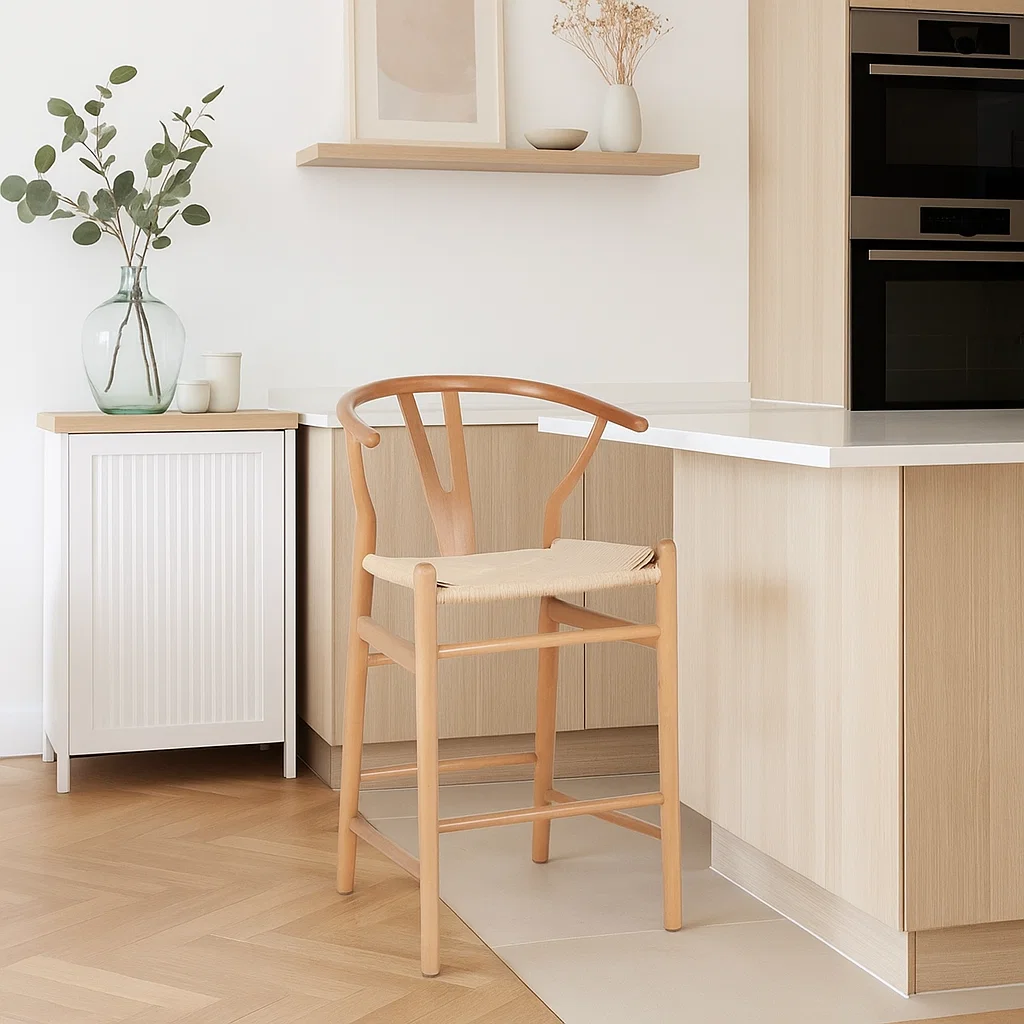 Taburete Wishbone Madera Natural - Asiento Tejido
