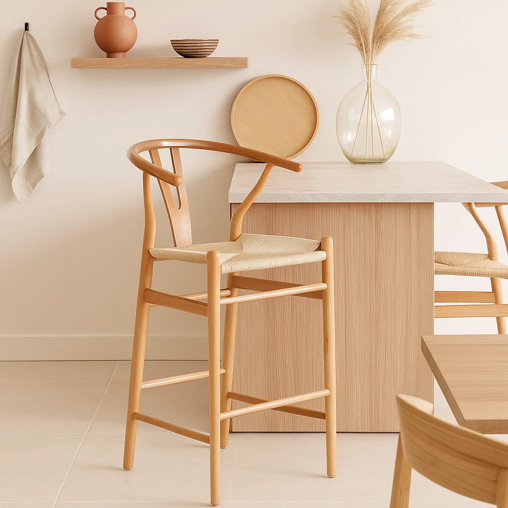 Taburete Wishbone Madera Natural - Asiento Tejido