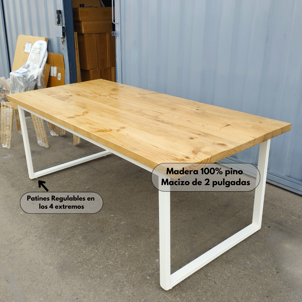 Comedor Industrial Madera Natural 200x90 Blanco + 8 Sillas Tolix Madera
