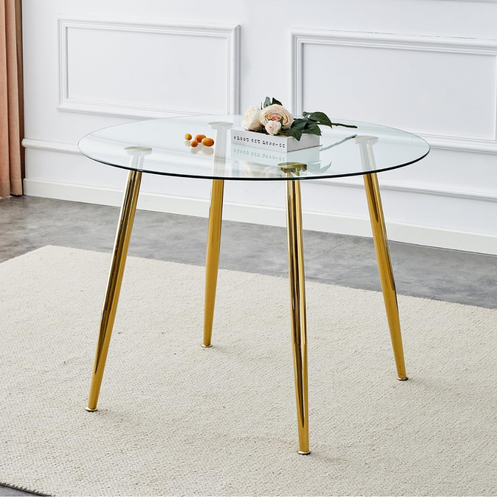 Comedor Mesa Vidrio Lyon 80 Cm + 2 Sitial Glam Dorado