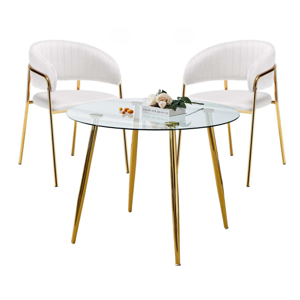 Comedor Mesa Vidrio Lyon 80 Cm + 2 Sitial Glam Dorado