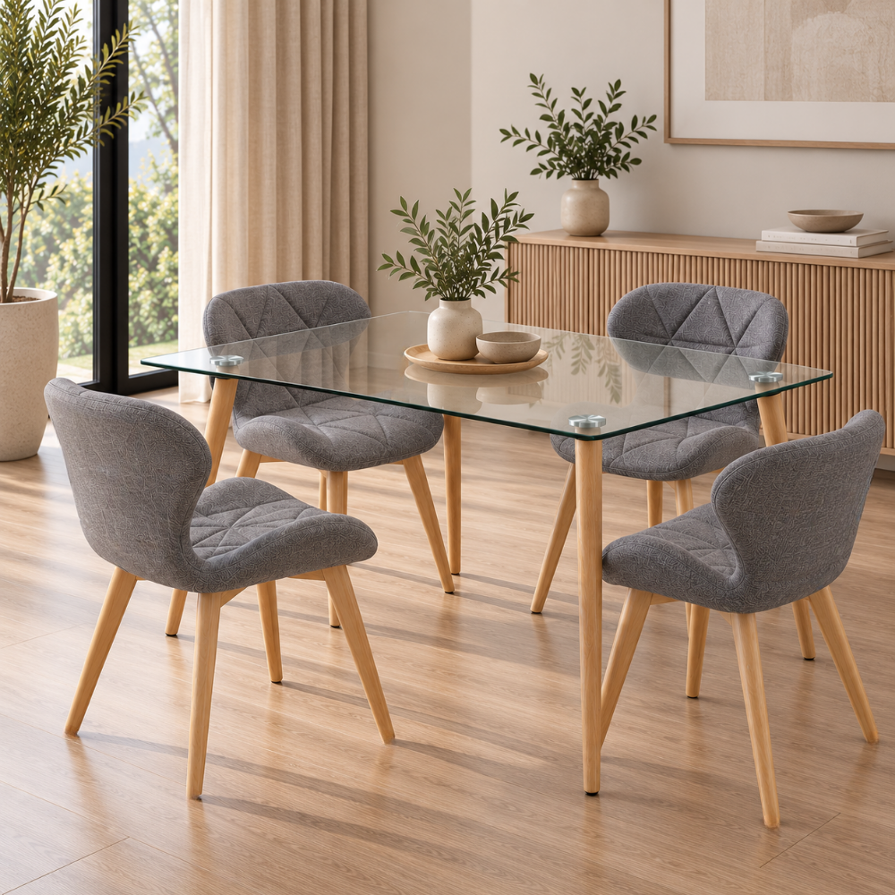 Comedor 4 Sillas Mariposa Lino + Mesa Vidrio Scoop 120x80