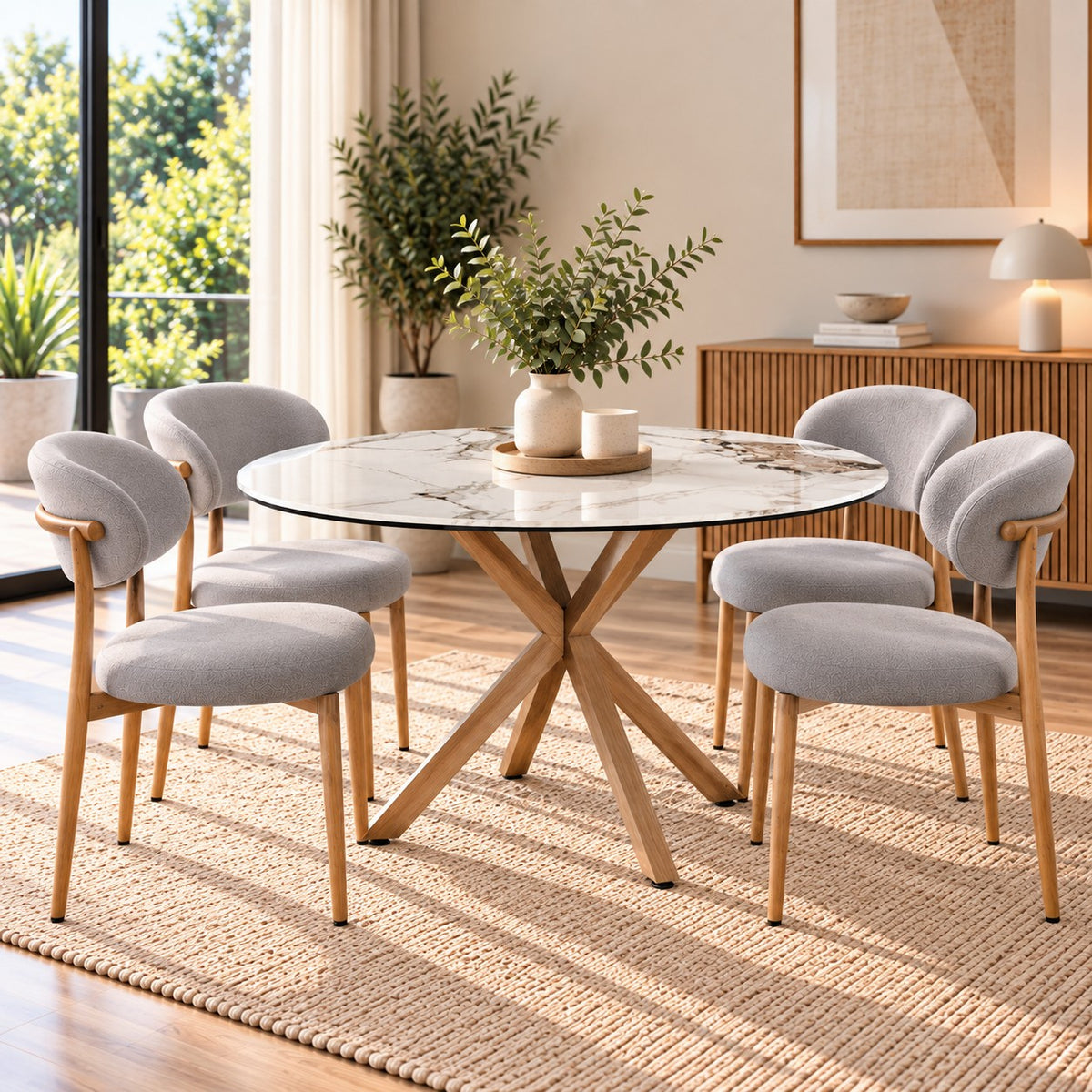 Comedor 4 Sillas Diana Lino + Mesa Madrid Stone Redonda
