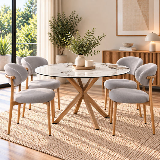 Comedor 4 Sillas Diana Lino + Mesa Madrid Stone Redonda
