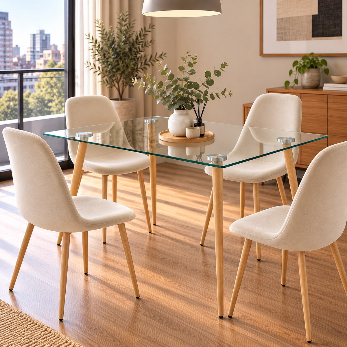 Comedor 4 Sillas Spoon Velvet + Mesa Vidrio Scoop 120x80