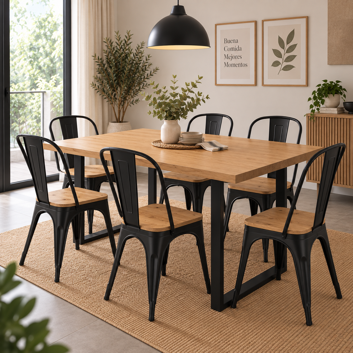 Comedor 6 Sillas Tolix Madera + Mesa MDF Estilo Industrial 160x90