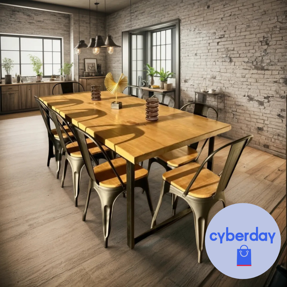 Comedor Industrial Madera Natural 200x90 + 8 Sillas Tolix Asiento Madera