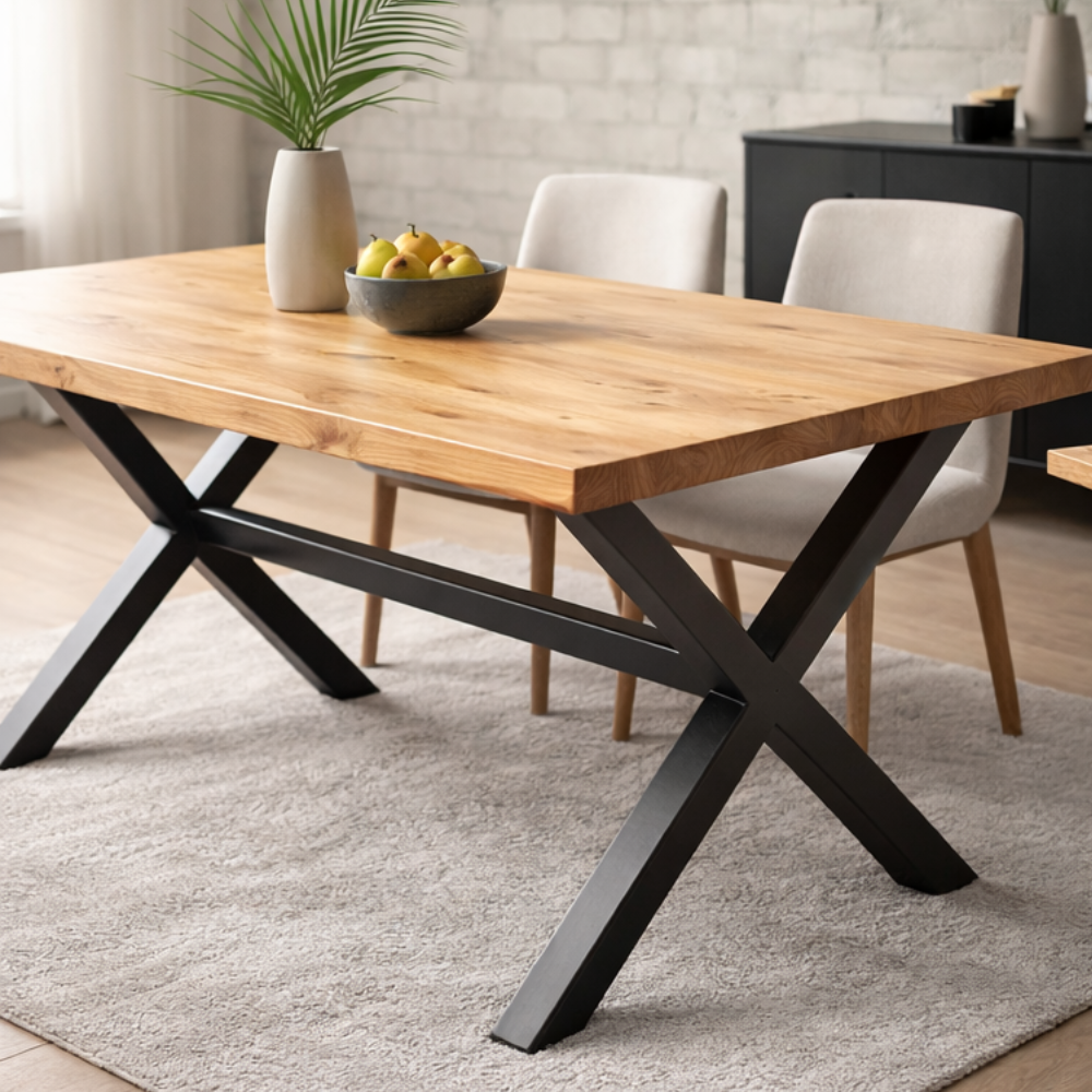 Mesa de Comedor Industrial Cross - Madera Natural Fierro 160x90