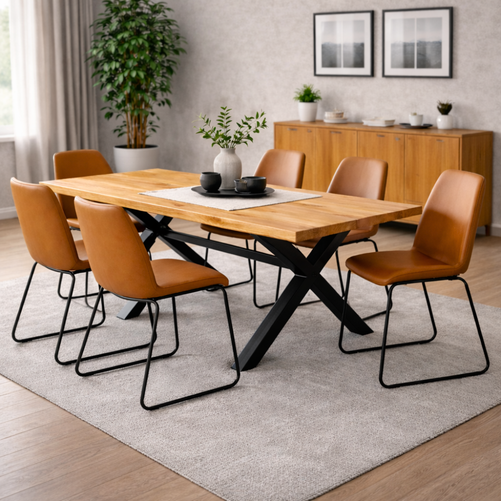 Comedor Industrial Madera Natural 180x90 + 6 Sillas Burgos Crazy Horse
