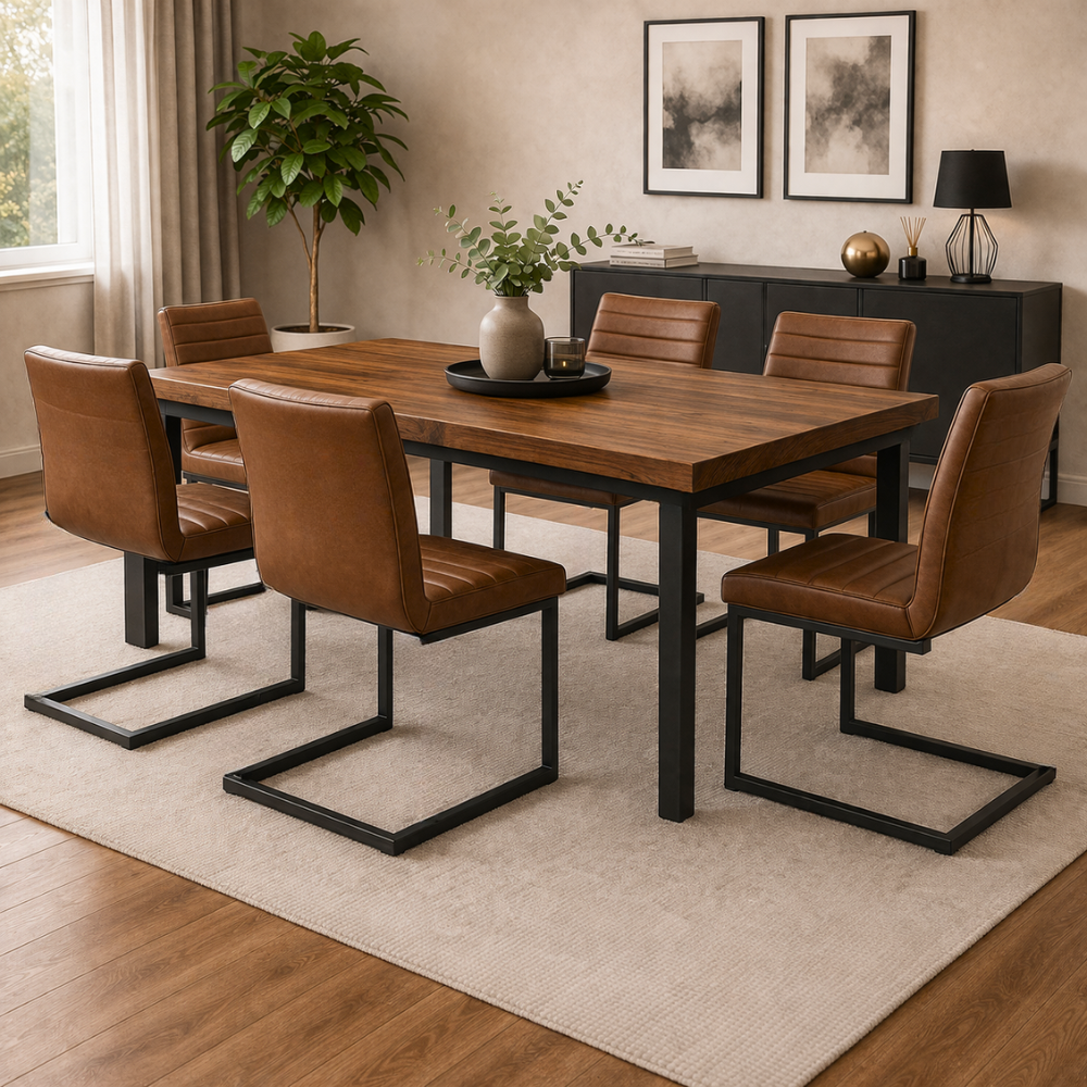 Comedor Industrial Madera Natural 180x90 + 6 Sillas Leder Ecocuero