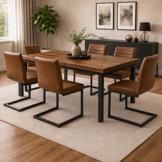 Comedor Industrial Madera Natural 180x90 + 6 Sillas Leder Ecocuero