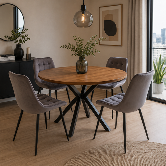 Comedor 4 Sillas Capitone Macron + Mesa XWood Madera Redonda