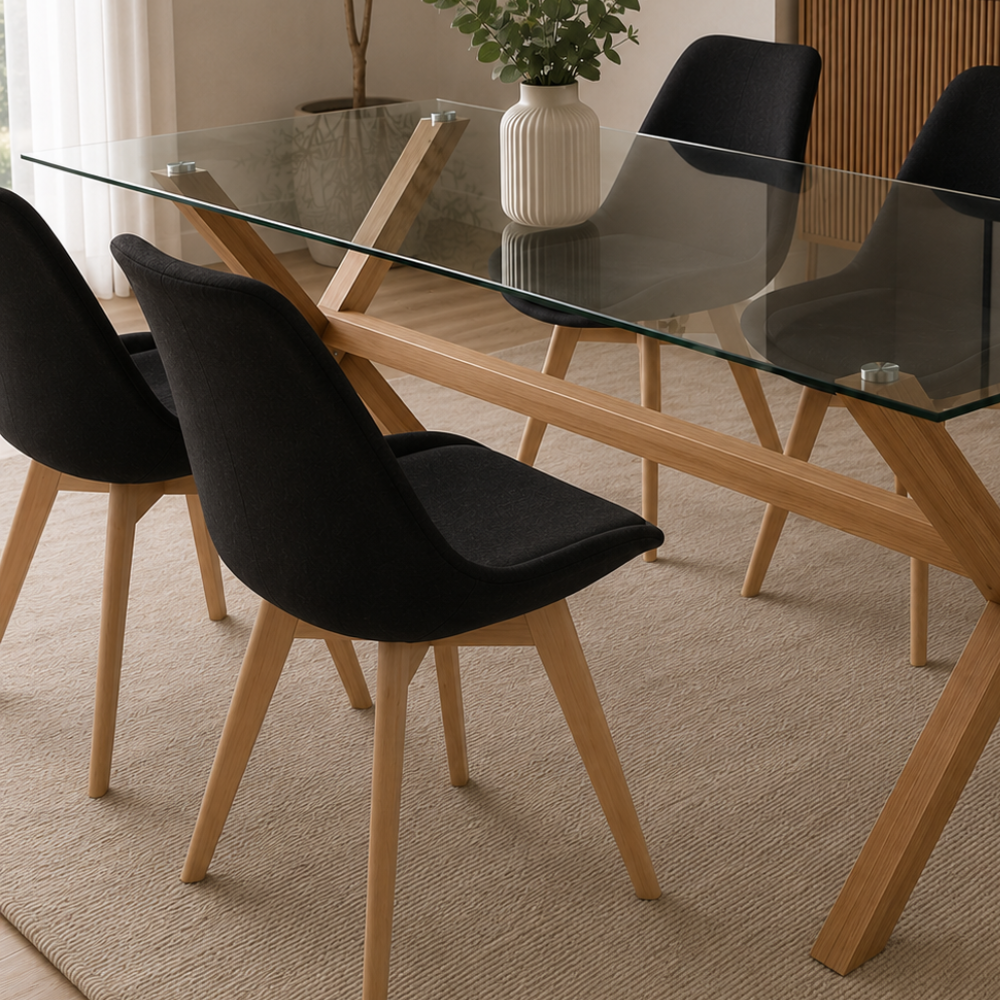 Comedor 4 Sillas Tulip Lino + Mesa Vidrio Cross 140x90