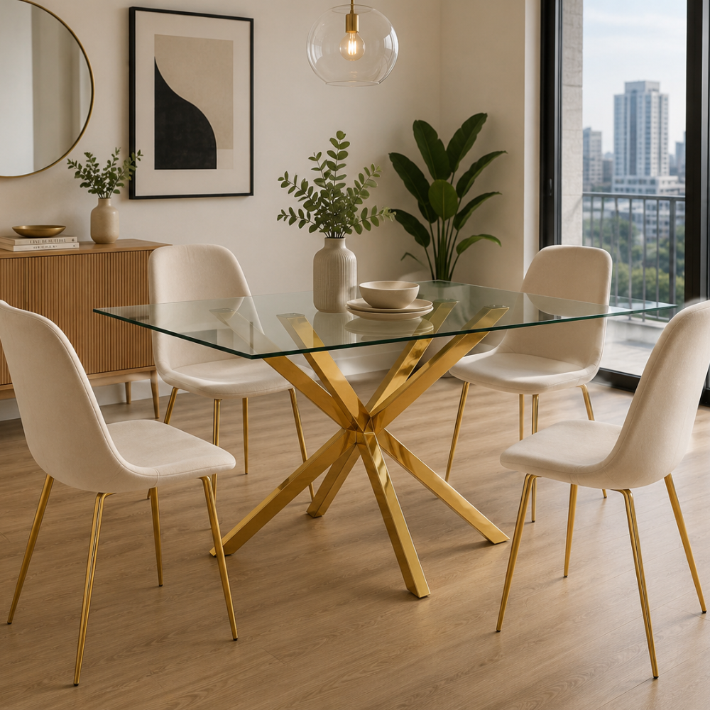 Mesa de Comedor Vidrio Cross Gold 130x80 Cm - Para 4 a 6 Personas