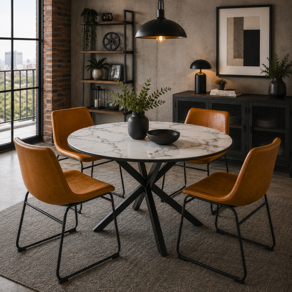 Comedor 4 Sillas Burgos Crazy Horse + Mesa Madrid Stone Redonda