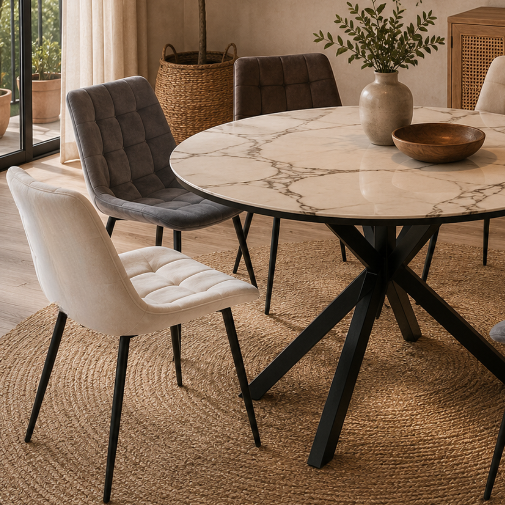 Comedor 4 Sillas Capitone Macron + Mesa Madrid Stone Redonda